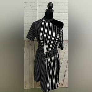 Women’s One-Shoulder Black & White Striped Belted Dress